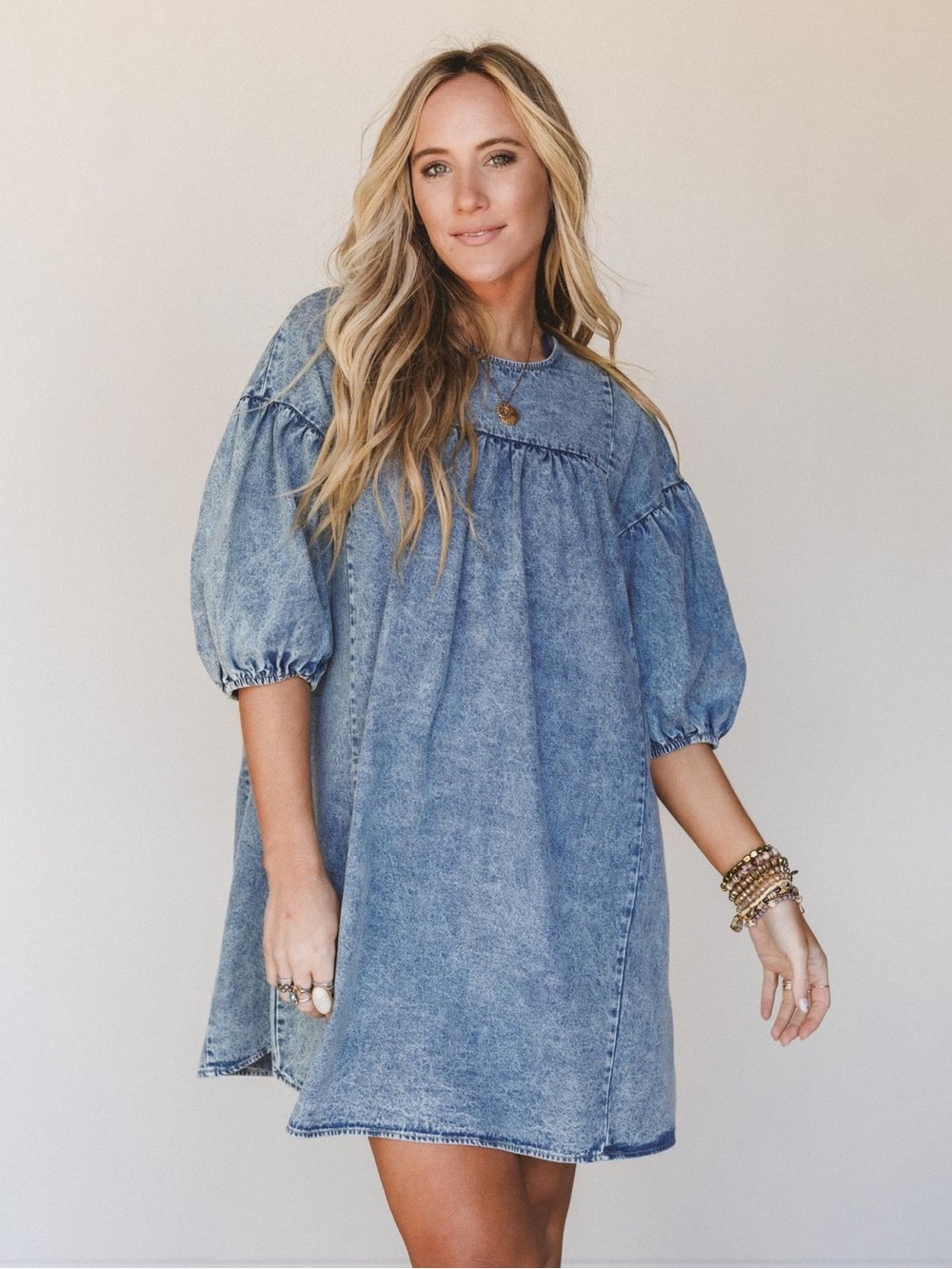 Denim Bubble-Sleeve Mini Dress - Blue NWT sz M